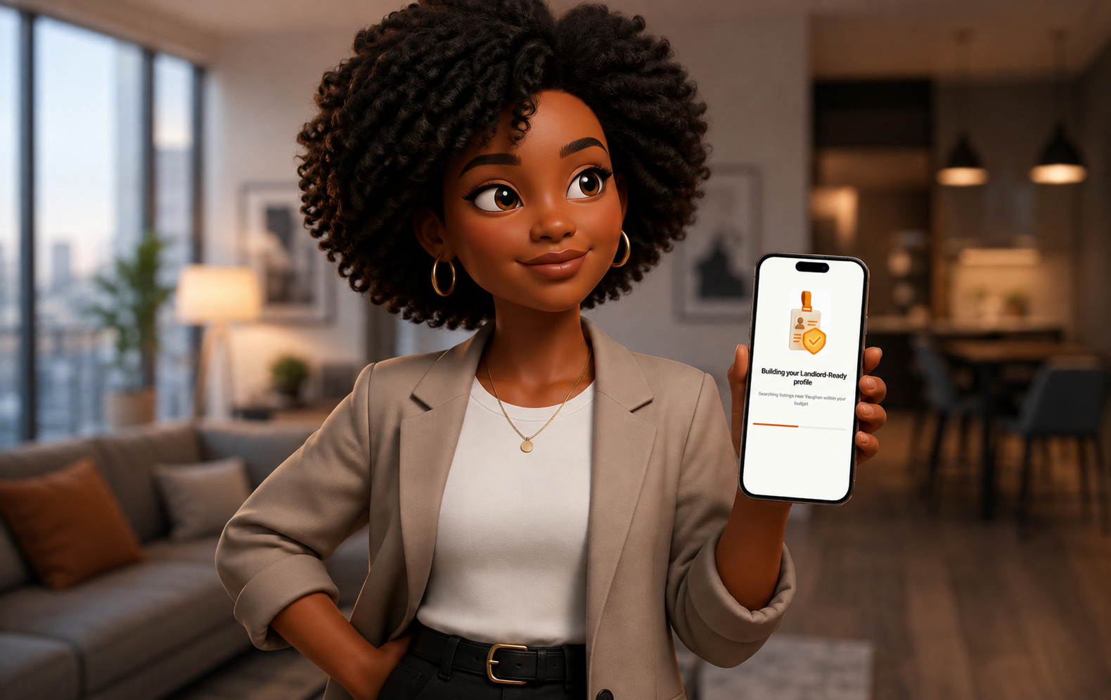 Illustration of a newcomer holding a phone showing the AkiPath app