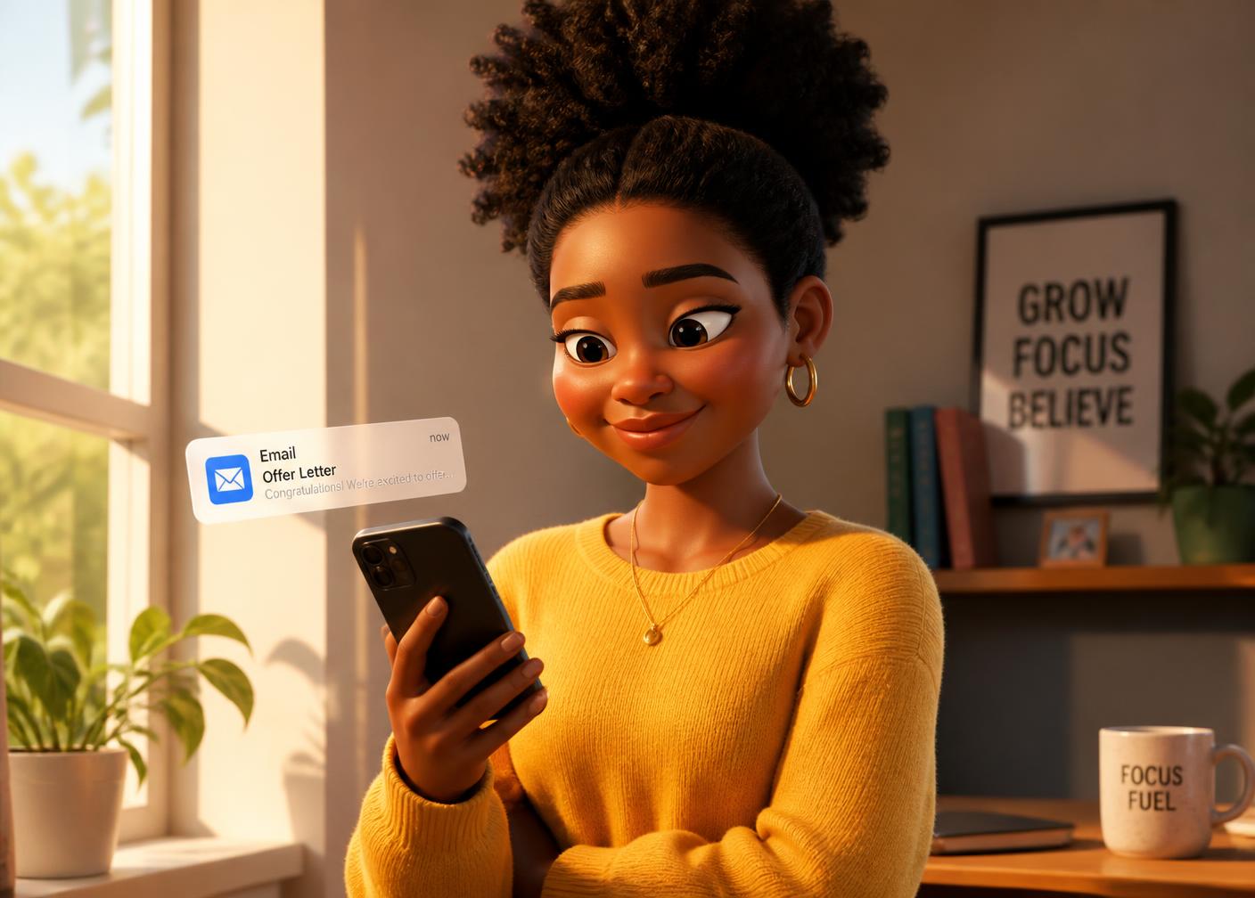 Illustration of a newcomer reading a landlord's reply on her phone