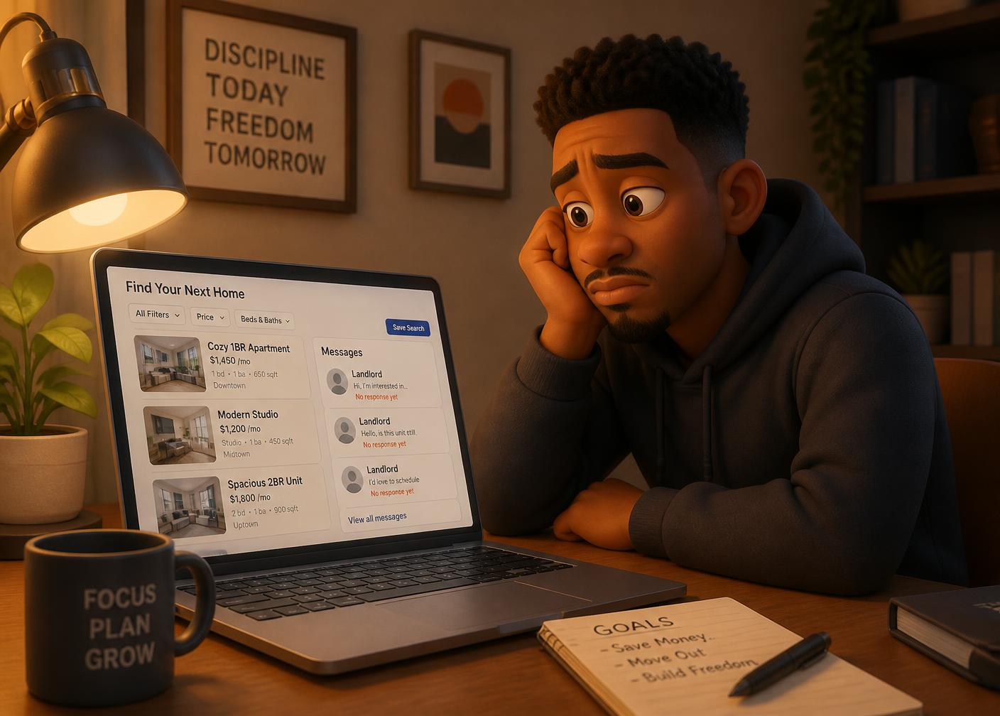 Illustration of a newcomer at a laptop looking at unanswered rental enquiries