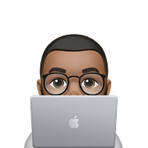 Illustrated avatar working at a laptop