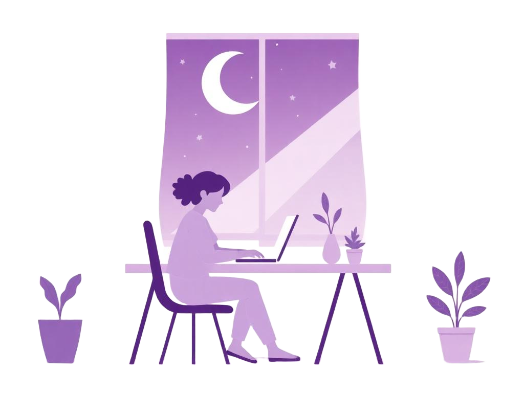 Designer working at a desk at night