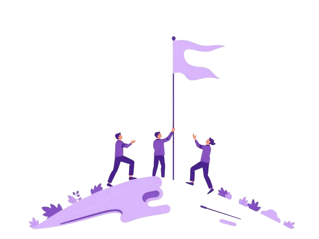 Team raising a flag on a hill
